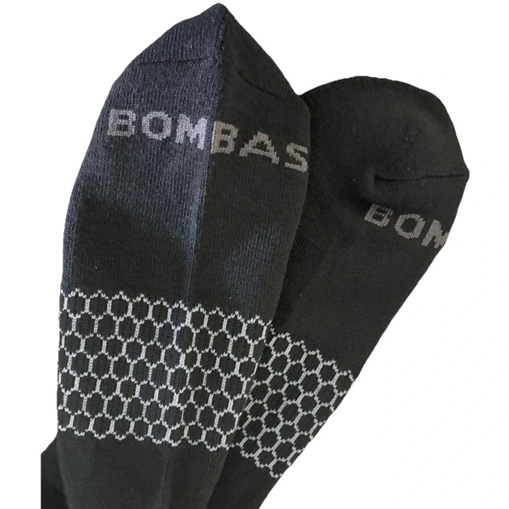 BOMBAS Socks Men's XL Black Gray Stripe Calf‎ Logo (US 13.5-16) NEW Lot Of 2